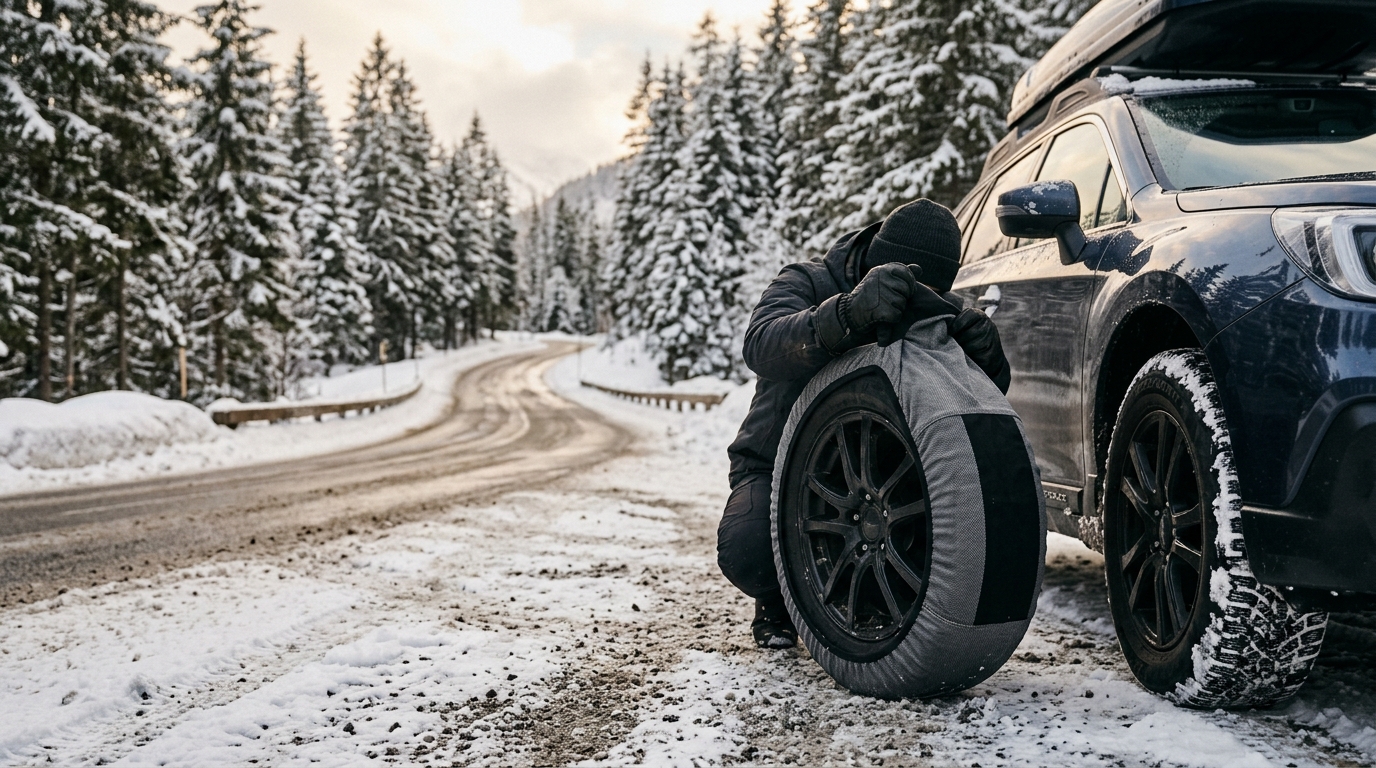 Mains gantées enfilant une chaussette neige sur une roue