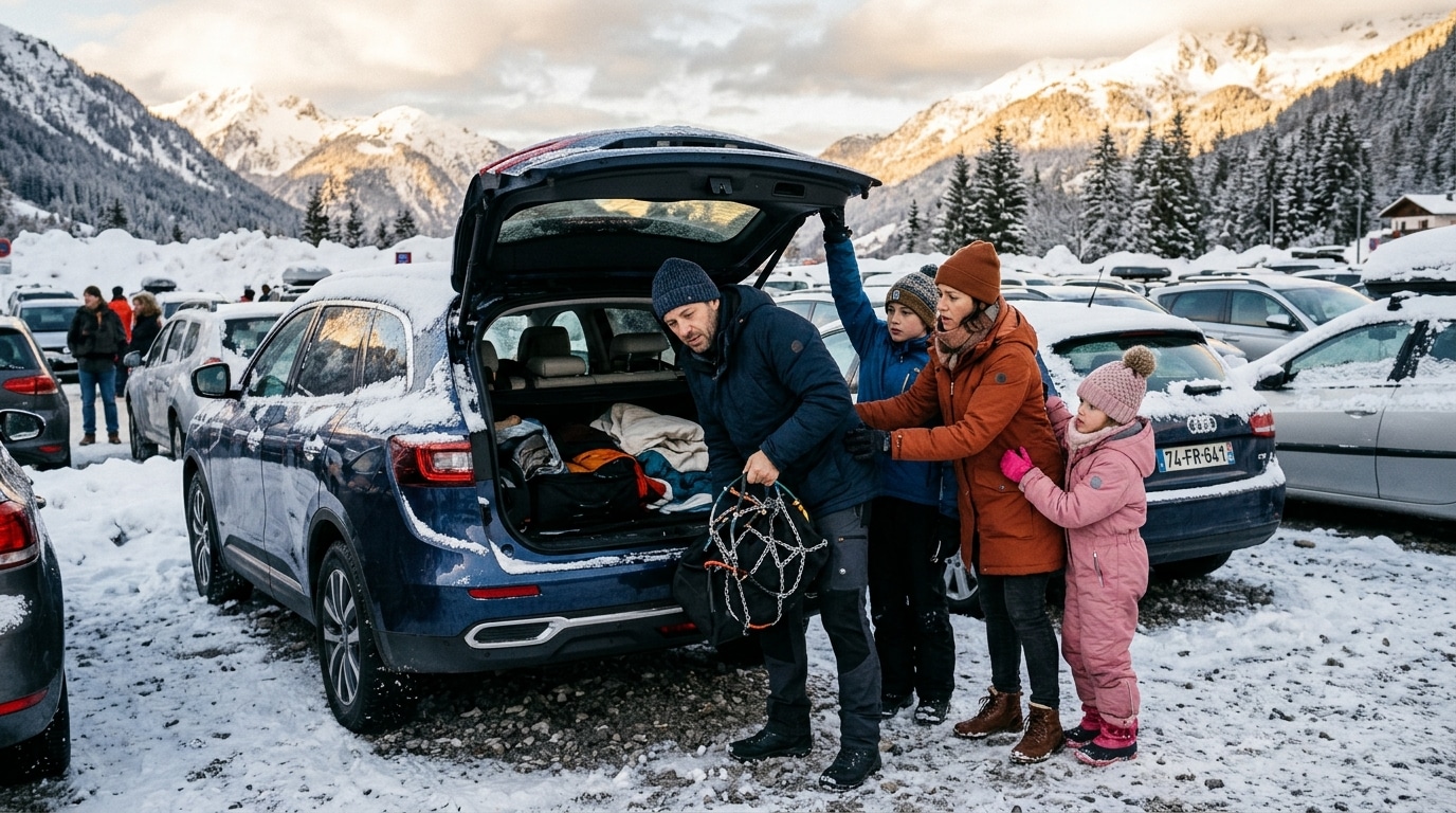 Famille chargeant des chaînes à neige dans le coffre