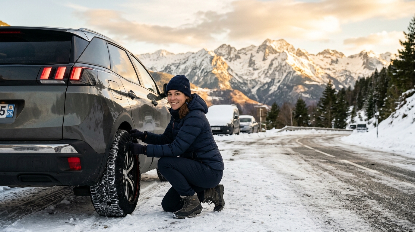 Femme enfilant une chaussette à neige sur une roue