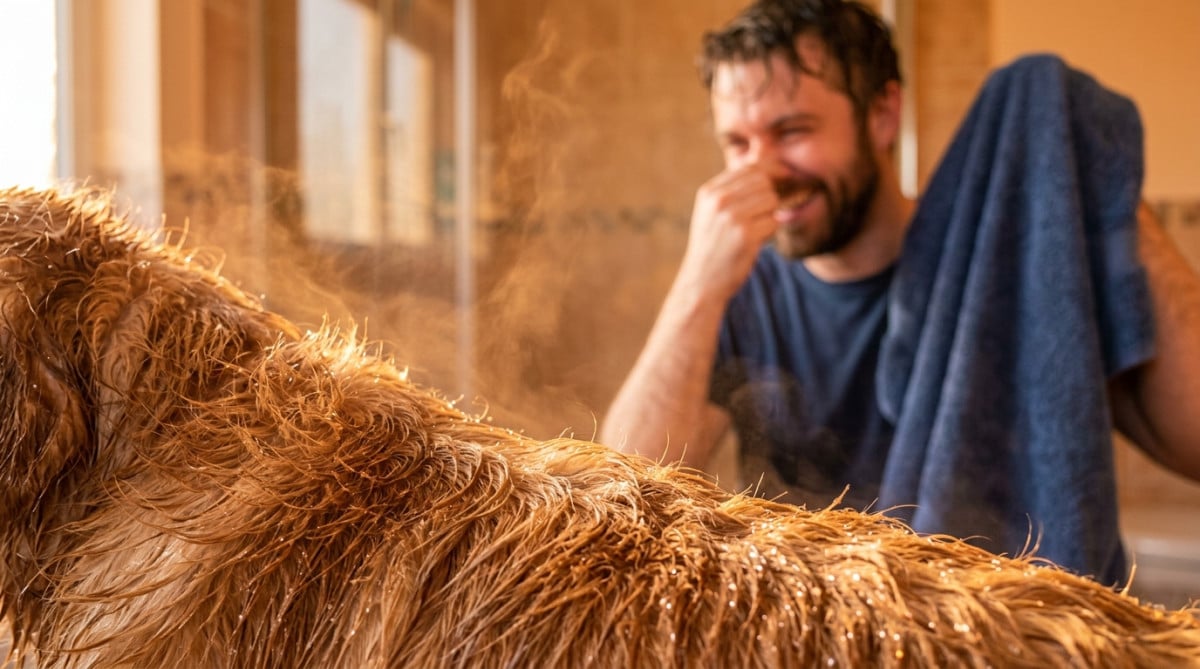Poil de chien mouillé et homme se bouchant le nez