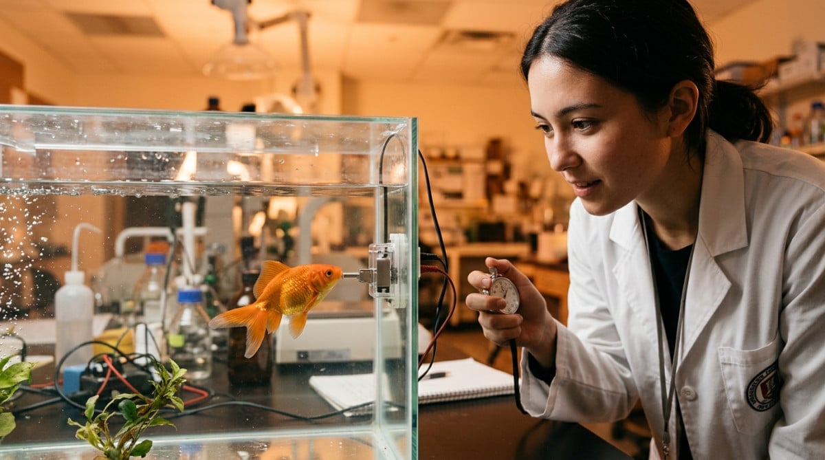 Poisson rouge appuyant sur un levier dans un laboratoire