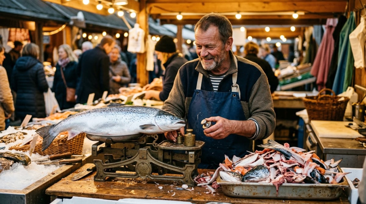 Poissonnier pesant un saumon entier avec ses parures