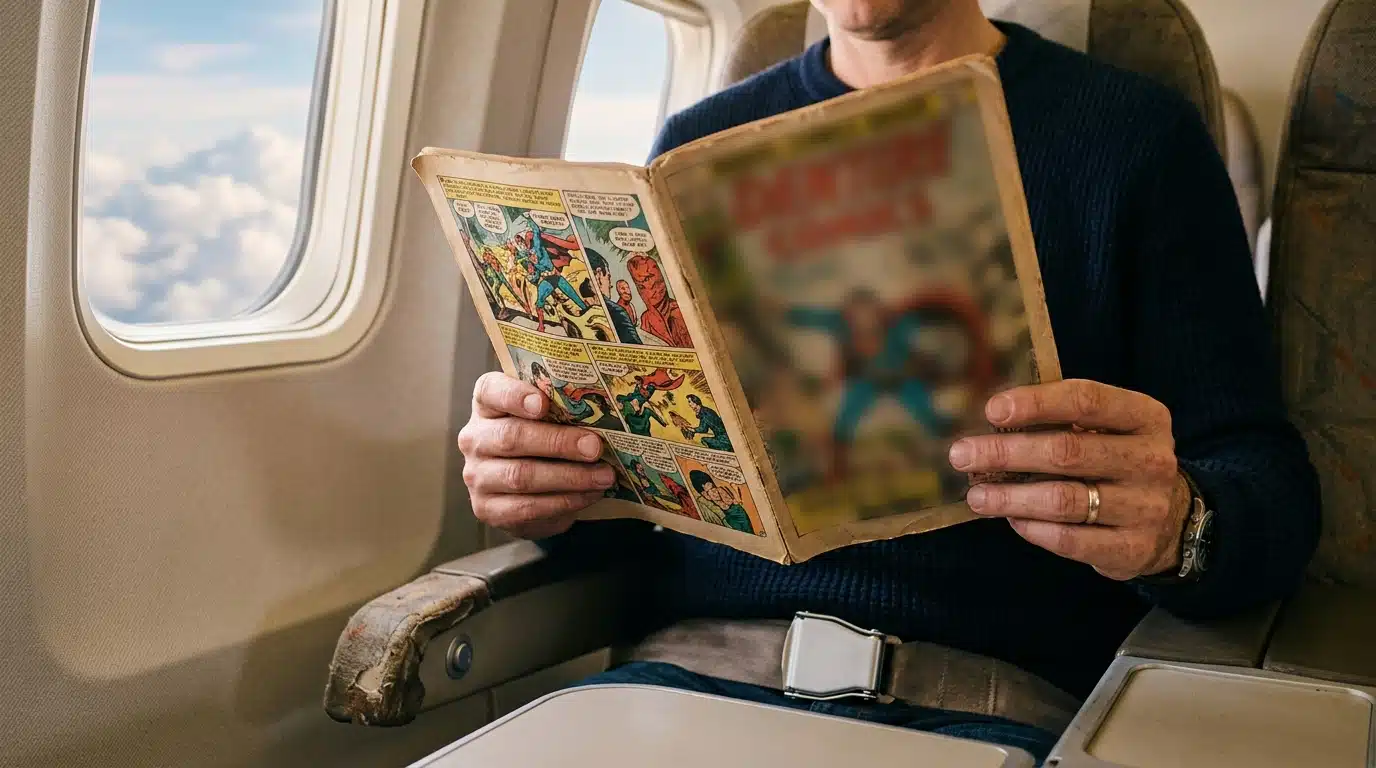 Mains tenant un album de BD près d'un hublot d'avion
