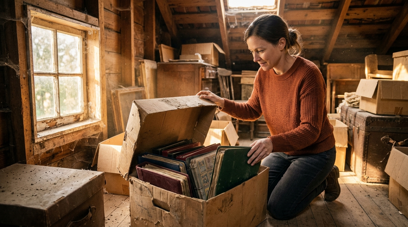 Femme fouillant un carton de classeurs dans un grenier