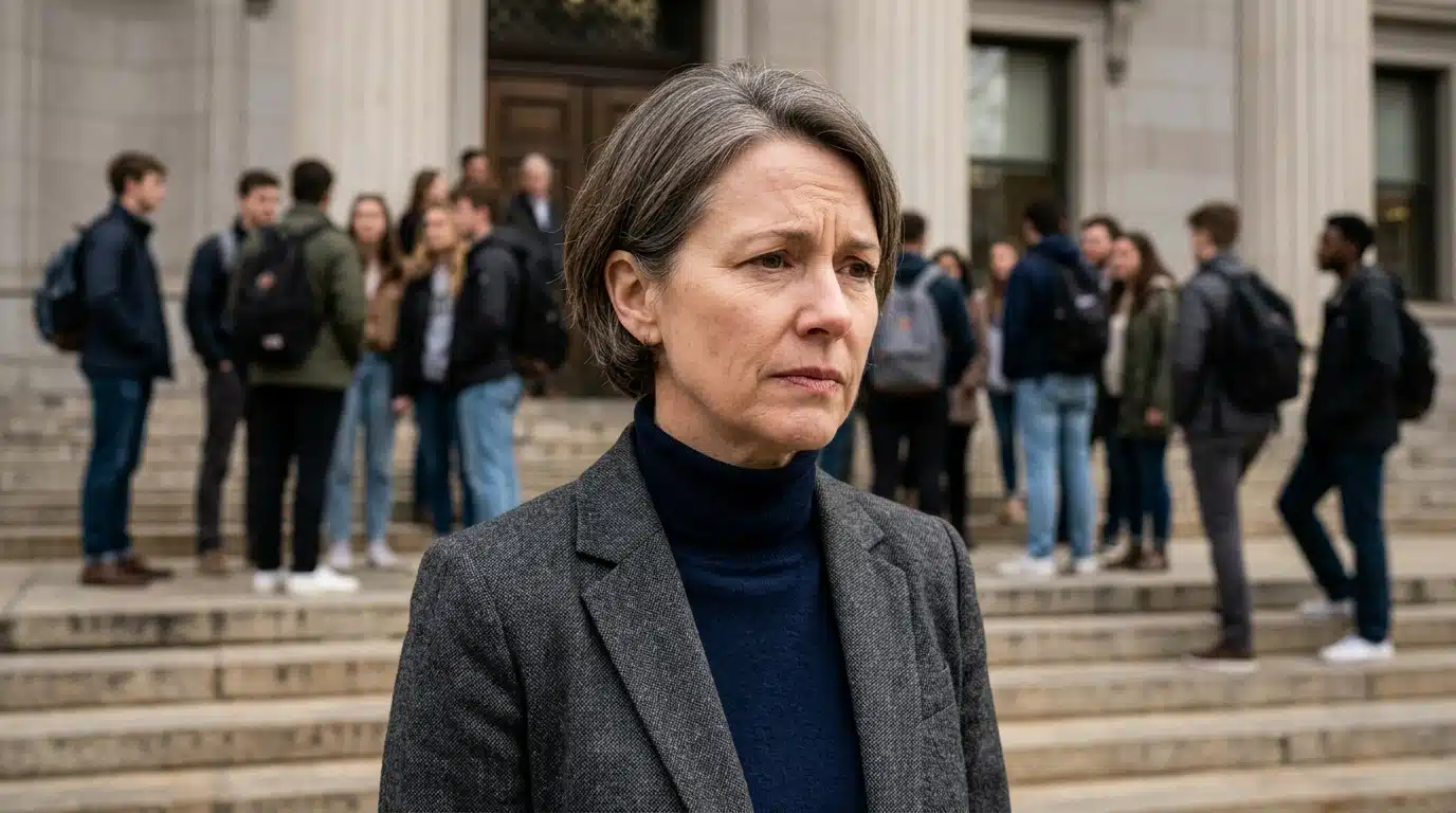 Passant inquiet devant un tribunal, foule de jeunes floue
