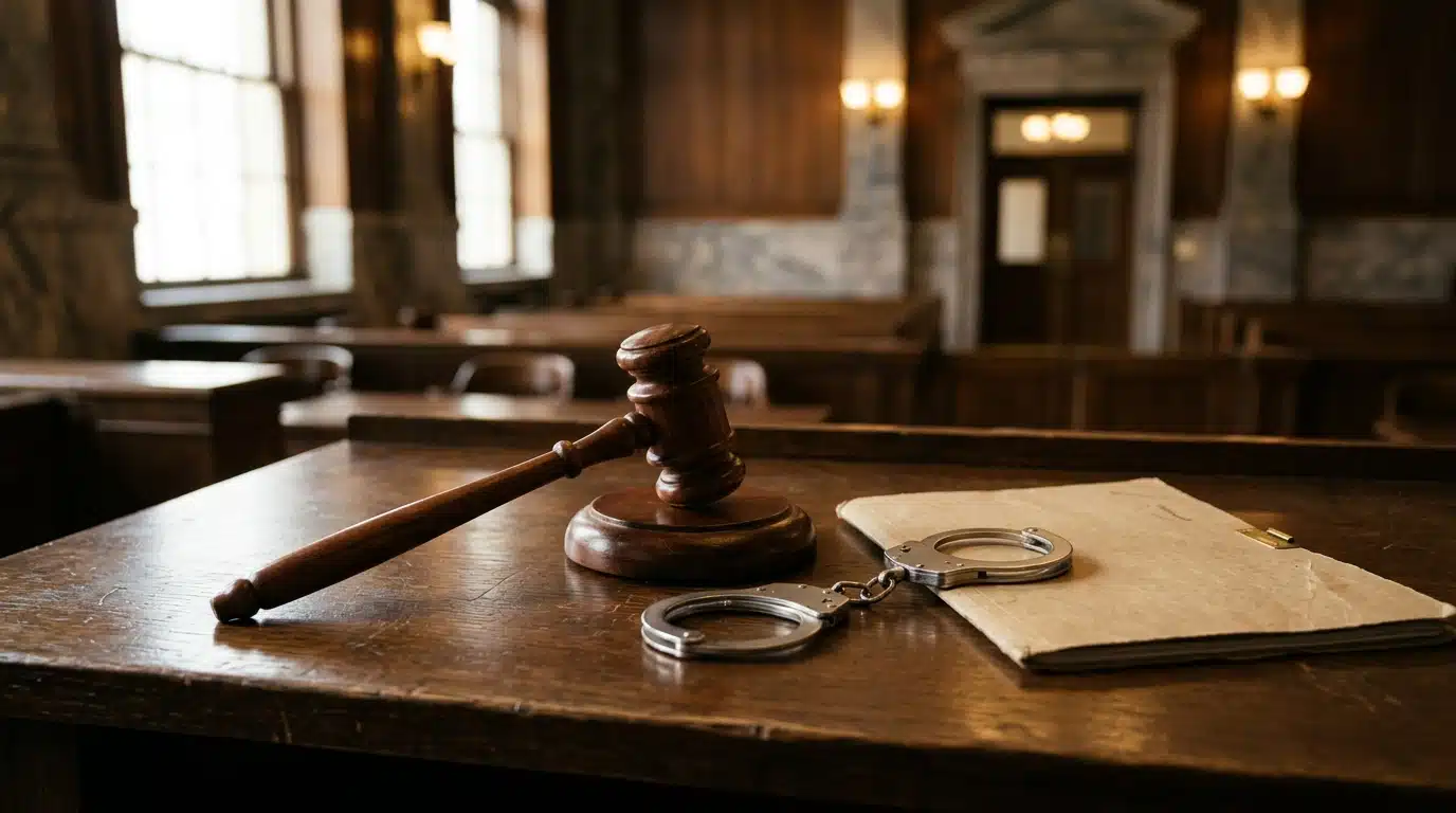 Maillet de juge et menottes ouvertes sur un bureau