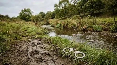 Menottes abandonnées sur une berge de ruisseau boueuse