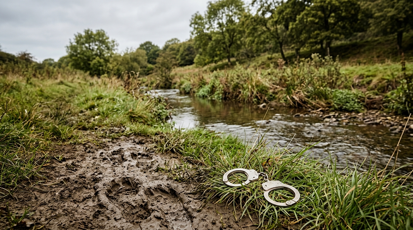 Menottes abandonnées sur une berge de ruisseau boueuse
