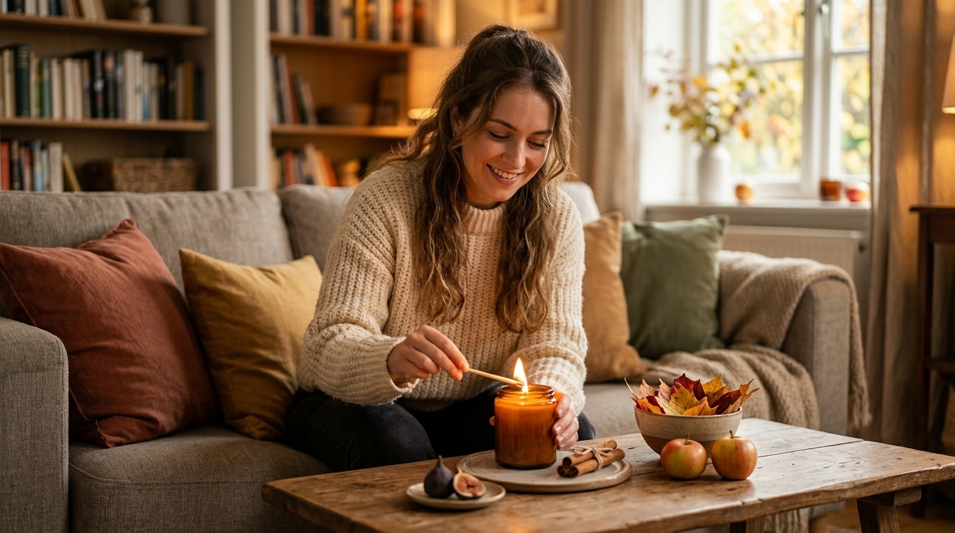 Femme allumant une bougie parfumée dans un salon cosy d'automne
