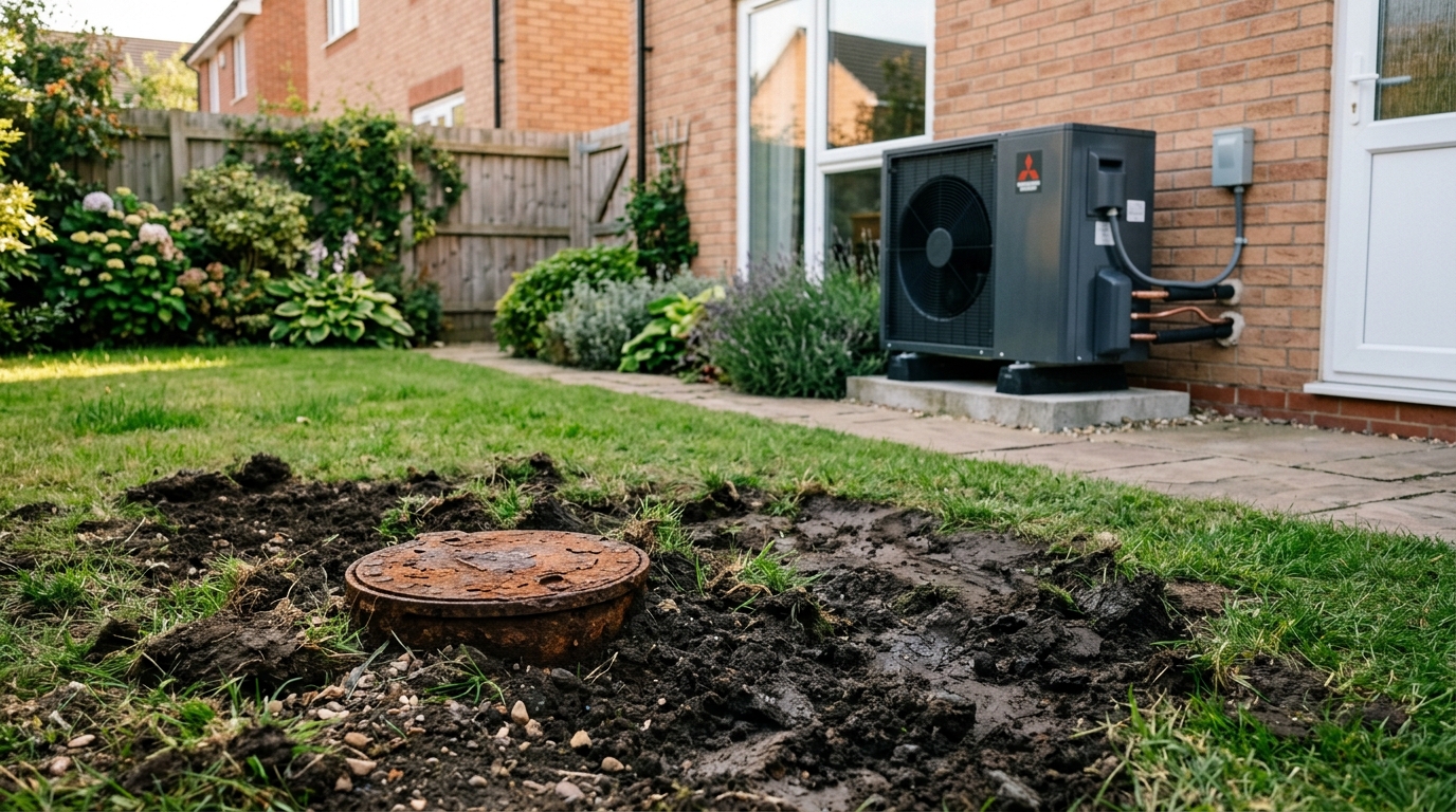 Pelouse avec plaque de cuve enterrée et pompe à chaleur