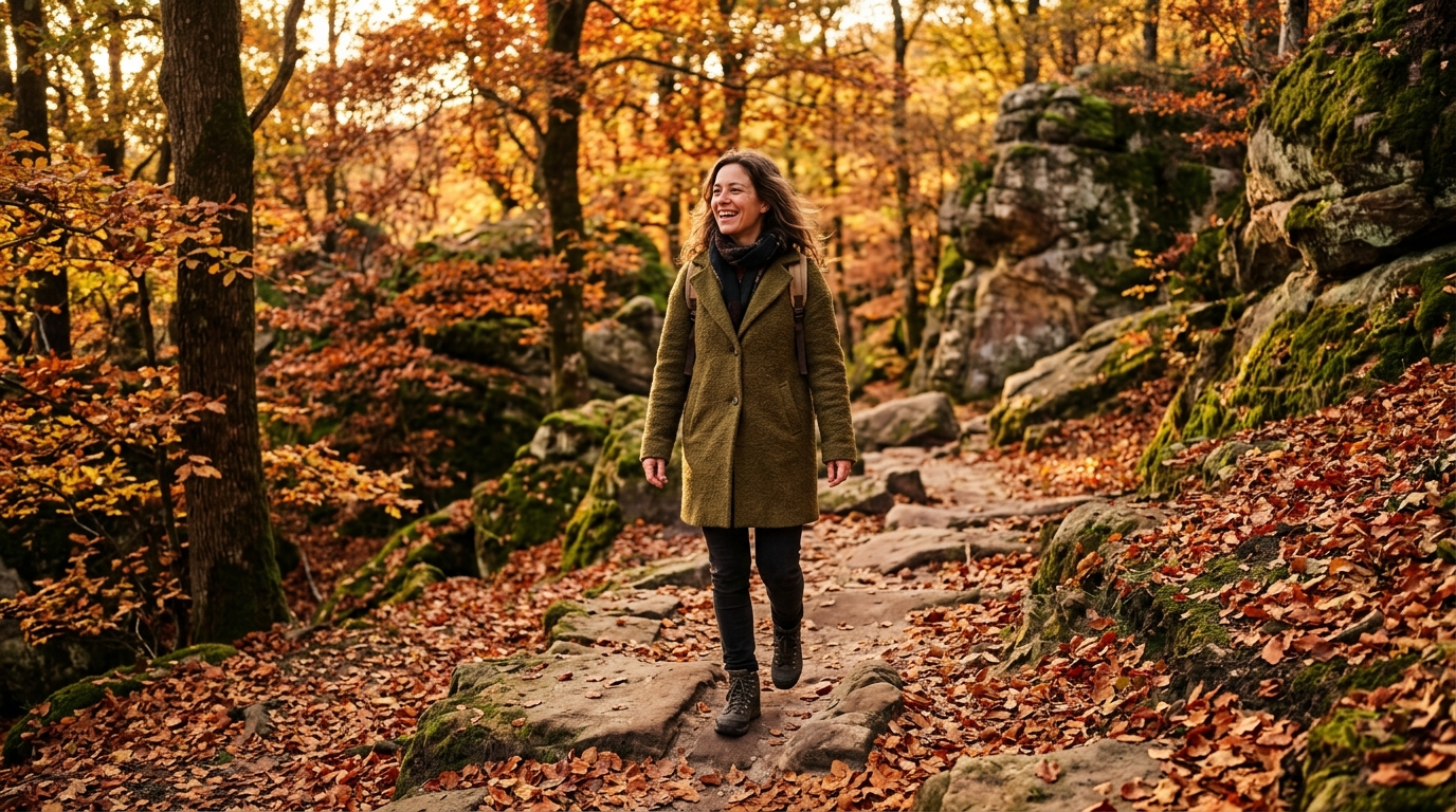 Femme se promenant dans la forêt de Fontainebleau en automne