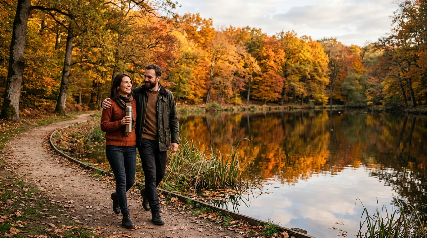 Couple longeant un étang de Rambouillet aux reflets d'automne