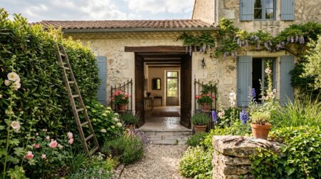 Porte d'entrée ouverte et échelle contre une haie