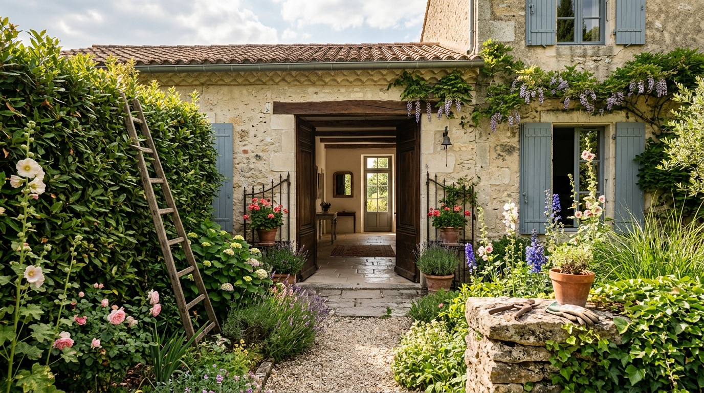 Porte d'entrée ouverte et échelle contre une haie