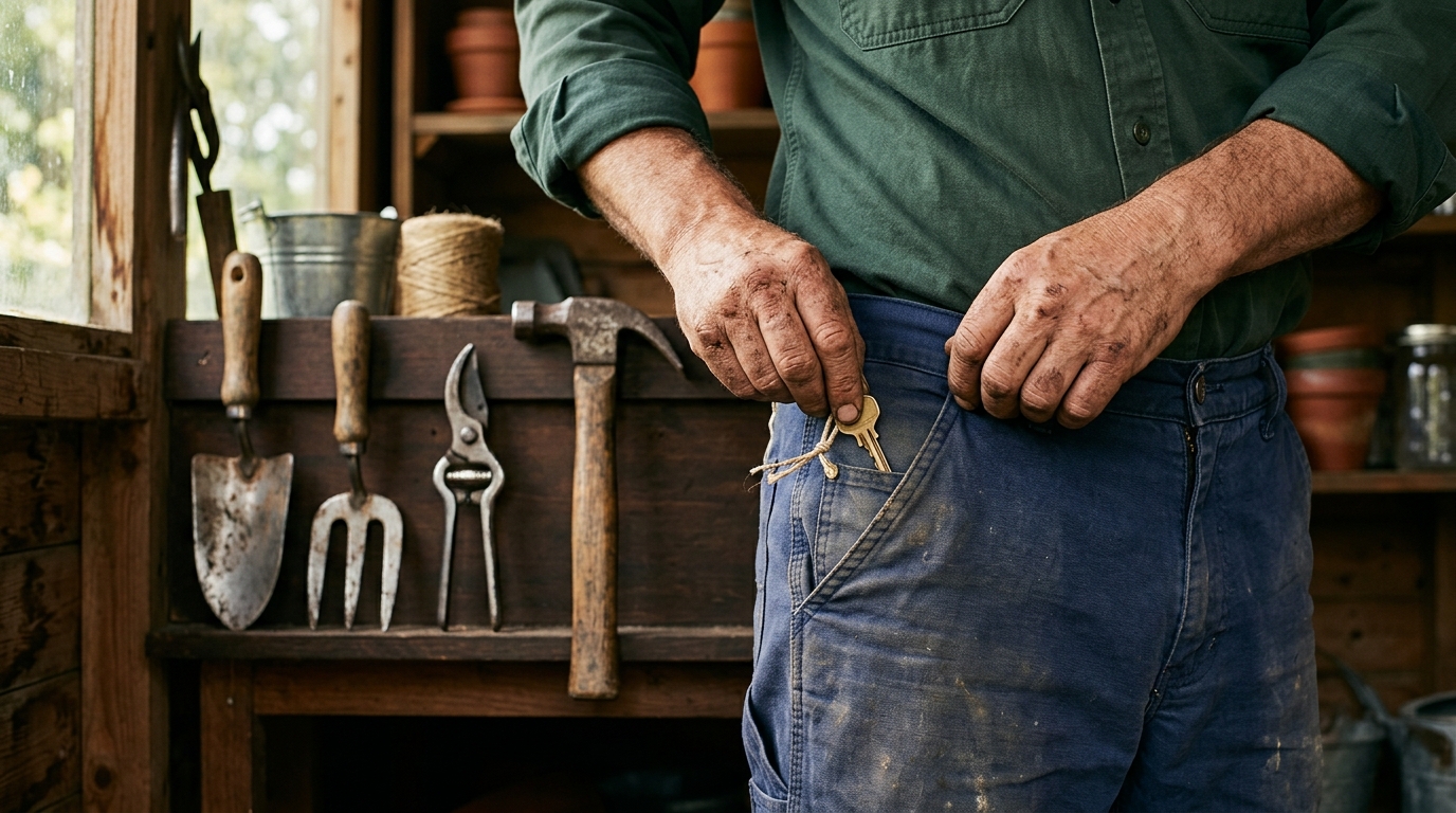 Mains glissant une clé dans une poche de jardinier