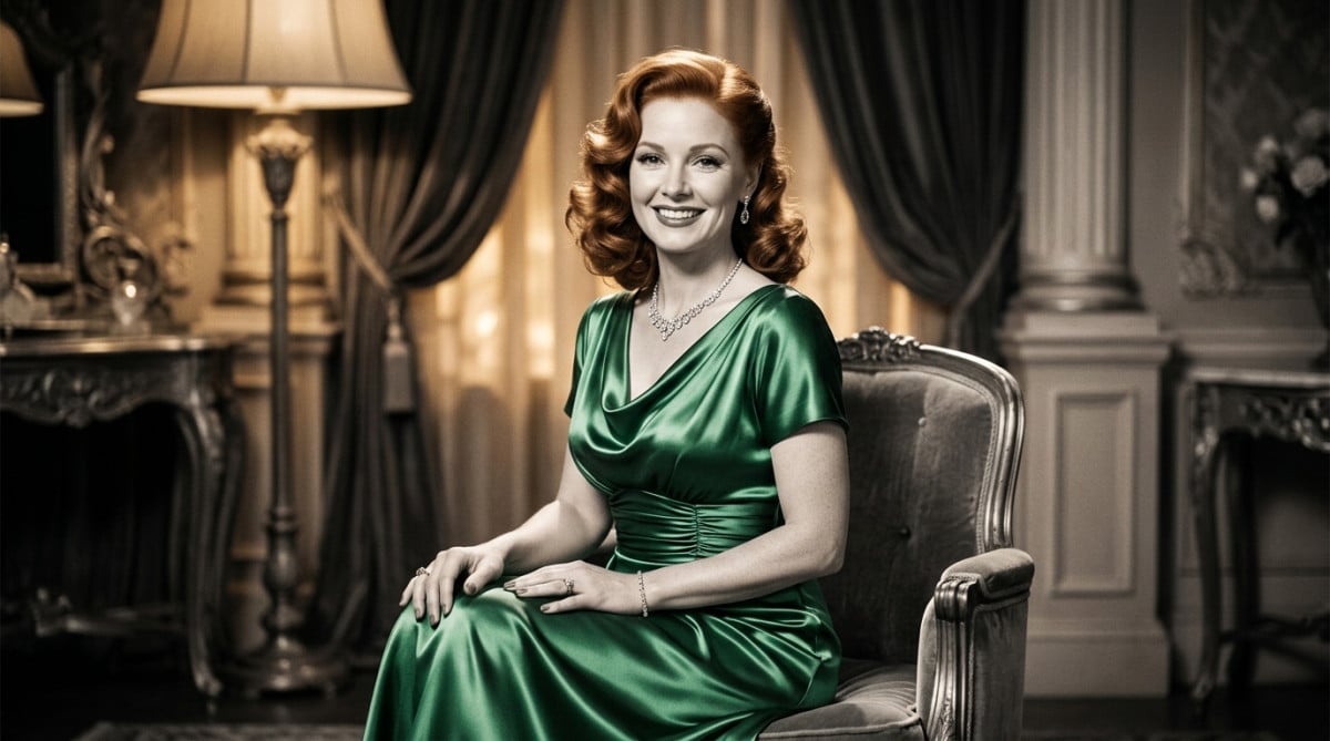 Portrait glamour d'une actrice rousse dans le Hollywood des années 1940