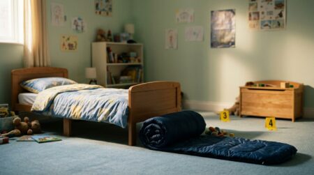 Chambre d'enfant vide avec sac de couchage roulé au sol