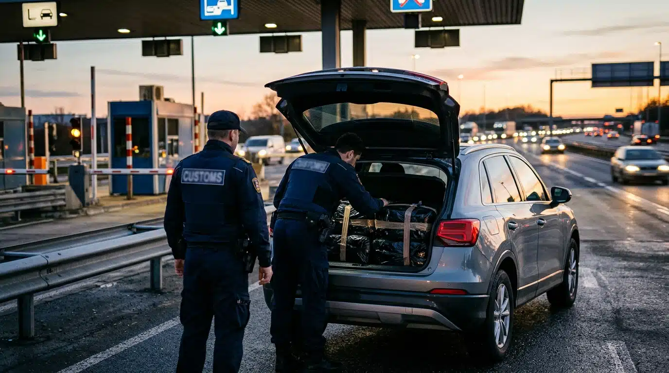 Voiture au coffre ouvert chargée de ballots à un péage