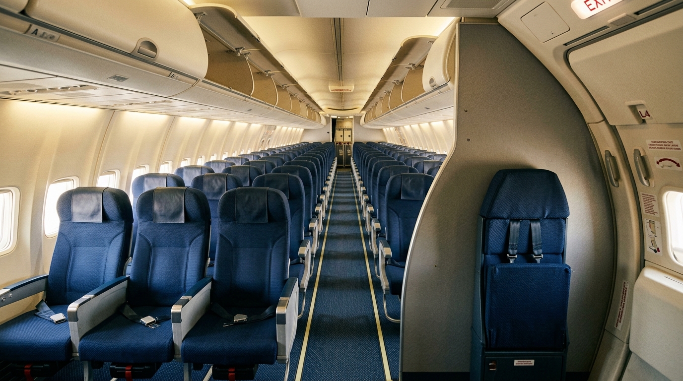 Allée de cabine d'avion avec strapontin rabattu au premier plan