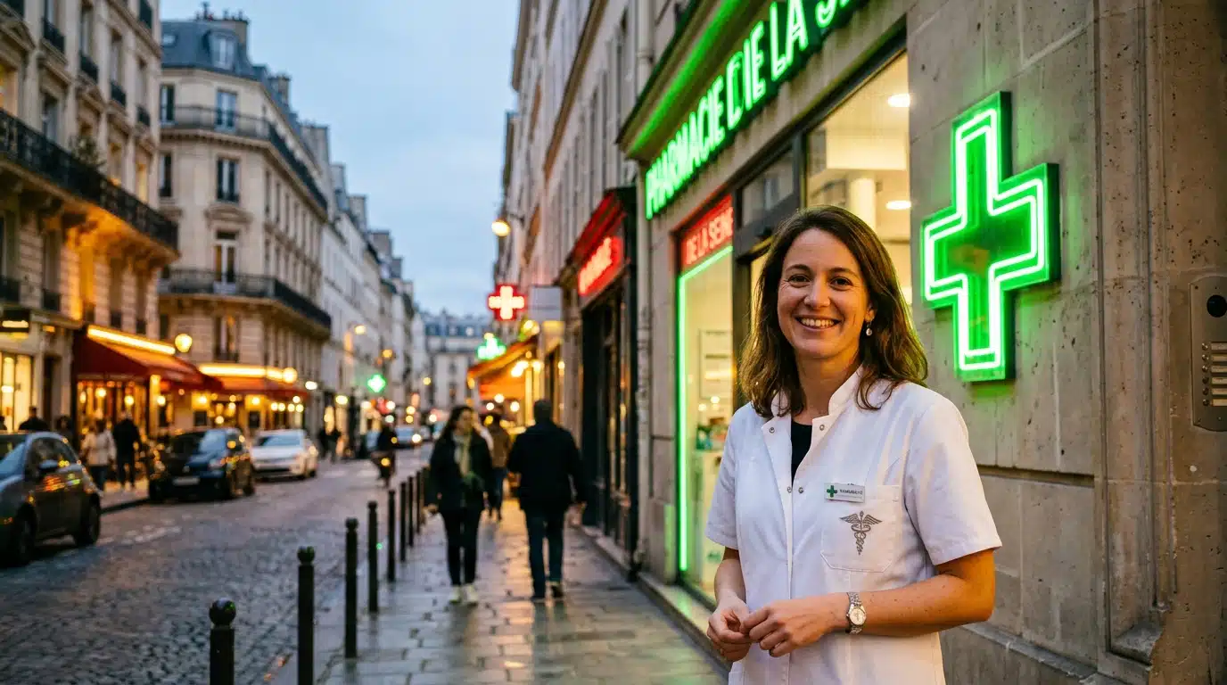 Pharmacien souriant devant une croix verte lumineuse