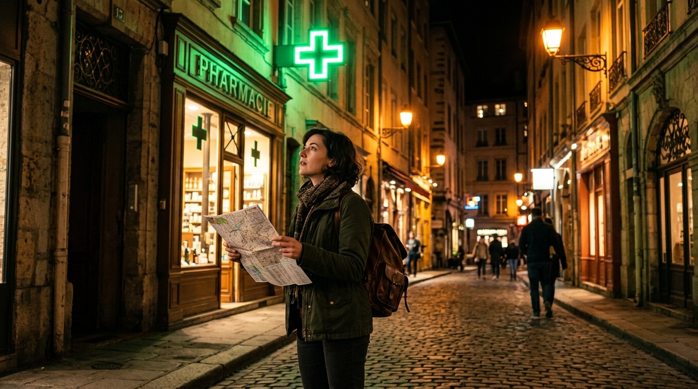 Voyageur repérant une pharmacie la nuit en Europe