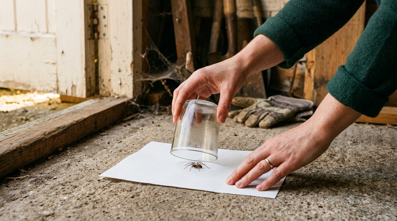 Mains capturant une araignée avec un verre et du papier
