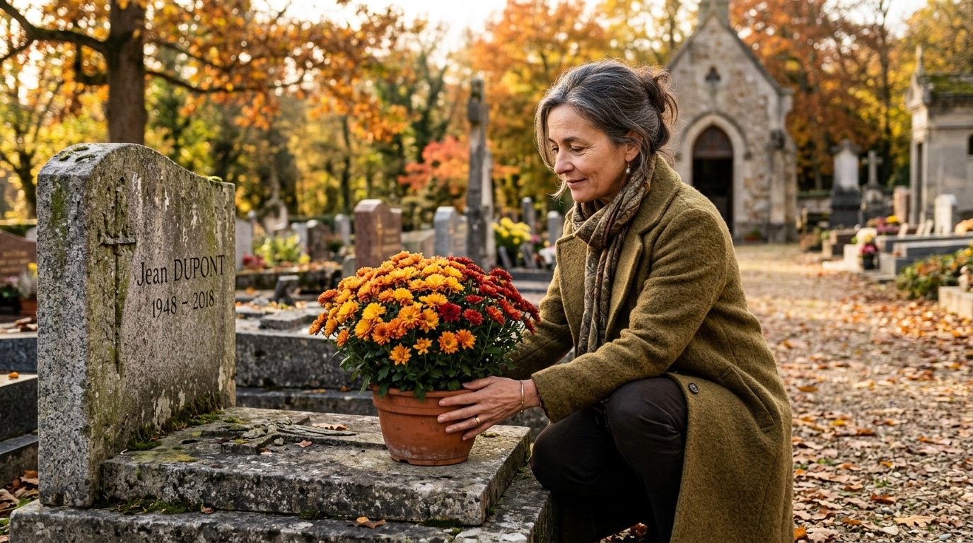 Femme déposant des chrysanthèmes sur une tombe en automne