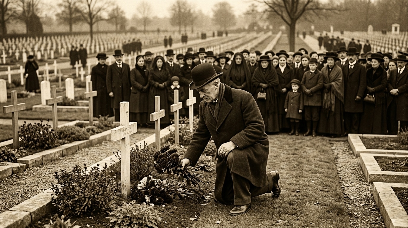 Commémoration de l'armistice de 1919 avec chrysanthèmes sur des tombes