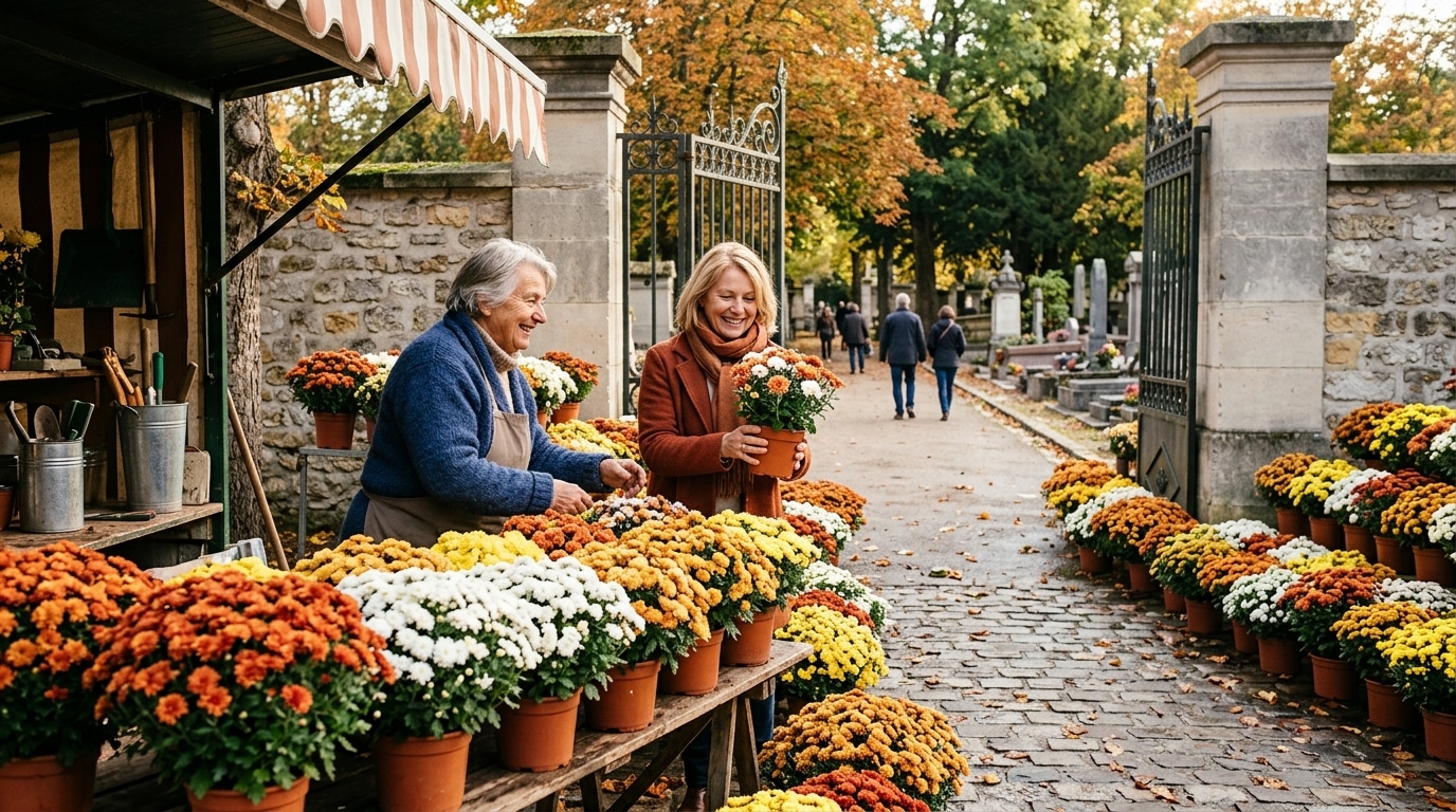 Marchande de chrysanthèmes devant un cimetière à l'automne