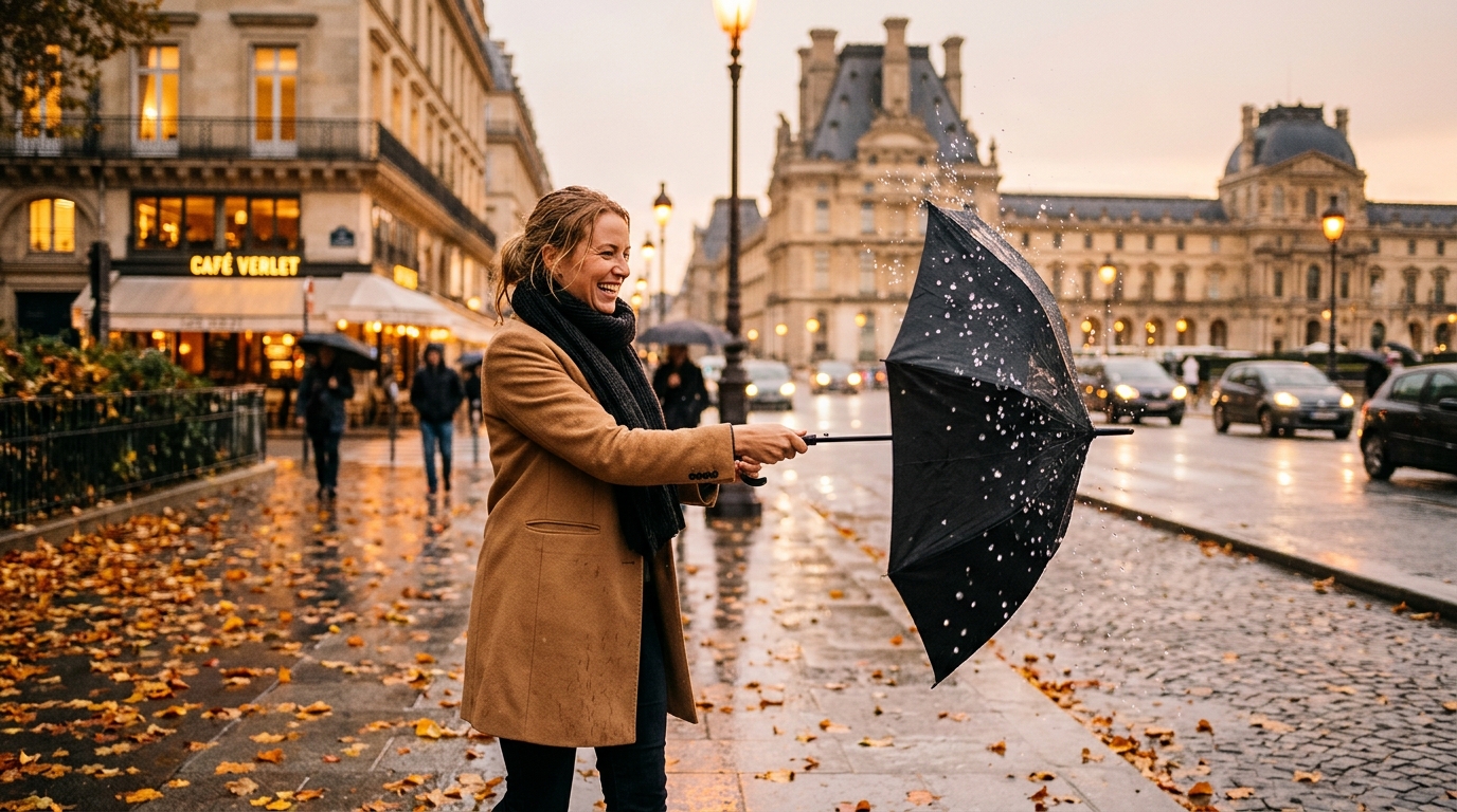 Femme secouant son parapluie sous la pluie d'automne