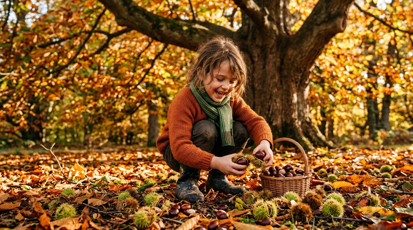 Enfant ramassant des marrons sous un arbre en automne