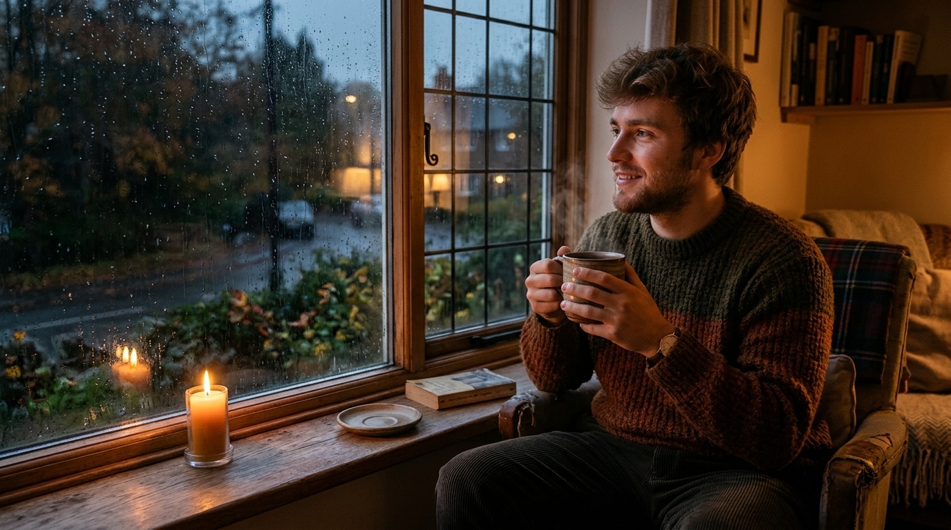 Homme en gros pull avec une tasse fumante près d'une bougie