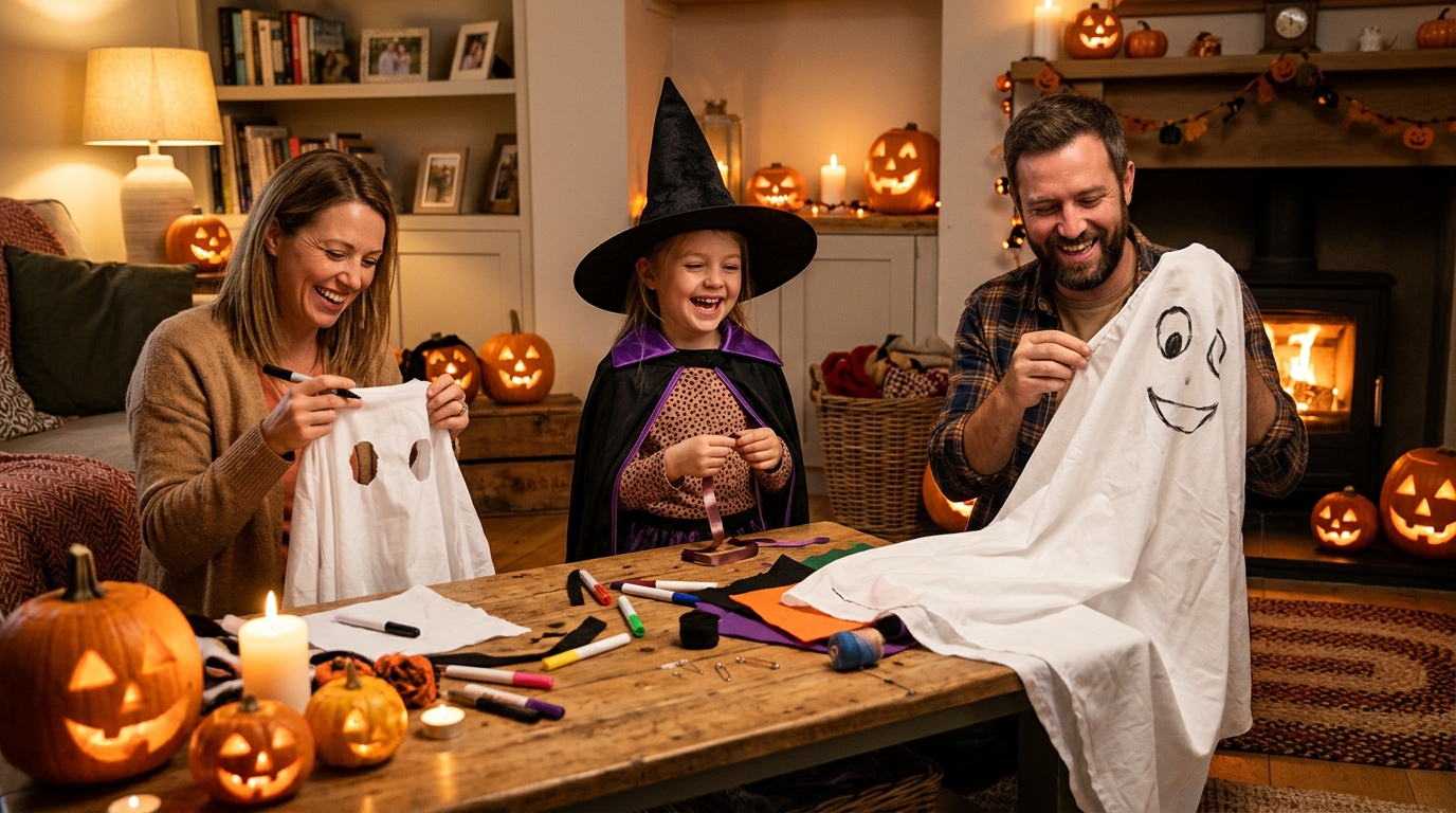 Famille préparant des déguisements d'Halloween au salon