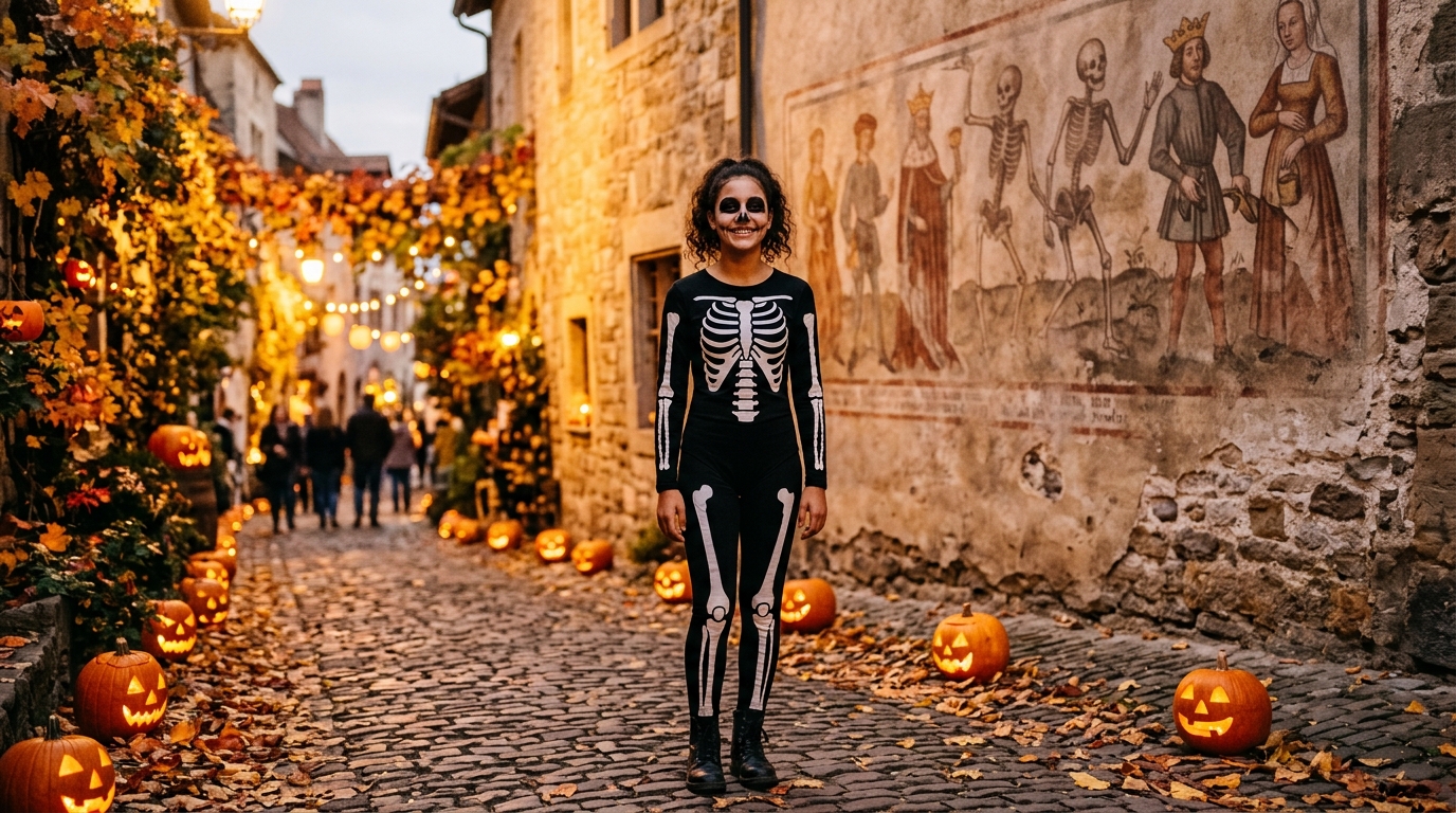 Adolescent déguisé en squelette dans une rue d'automne