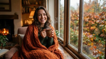 Femme emmitouflée dans un plaid avec une tasse fumante
