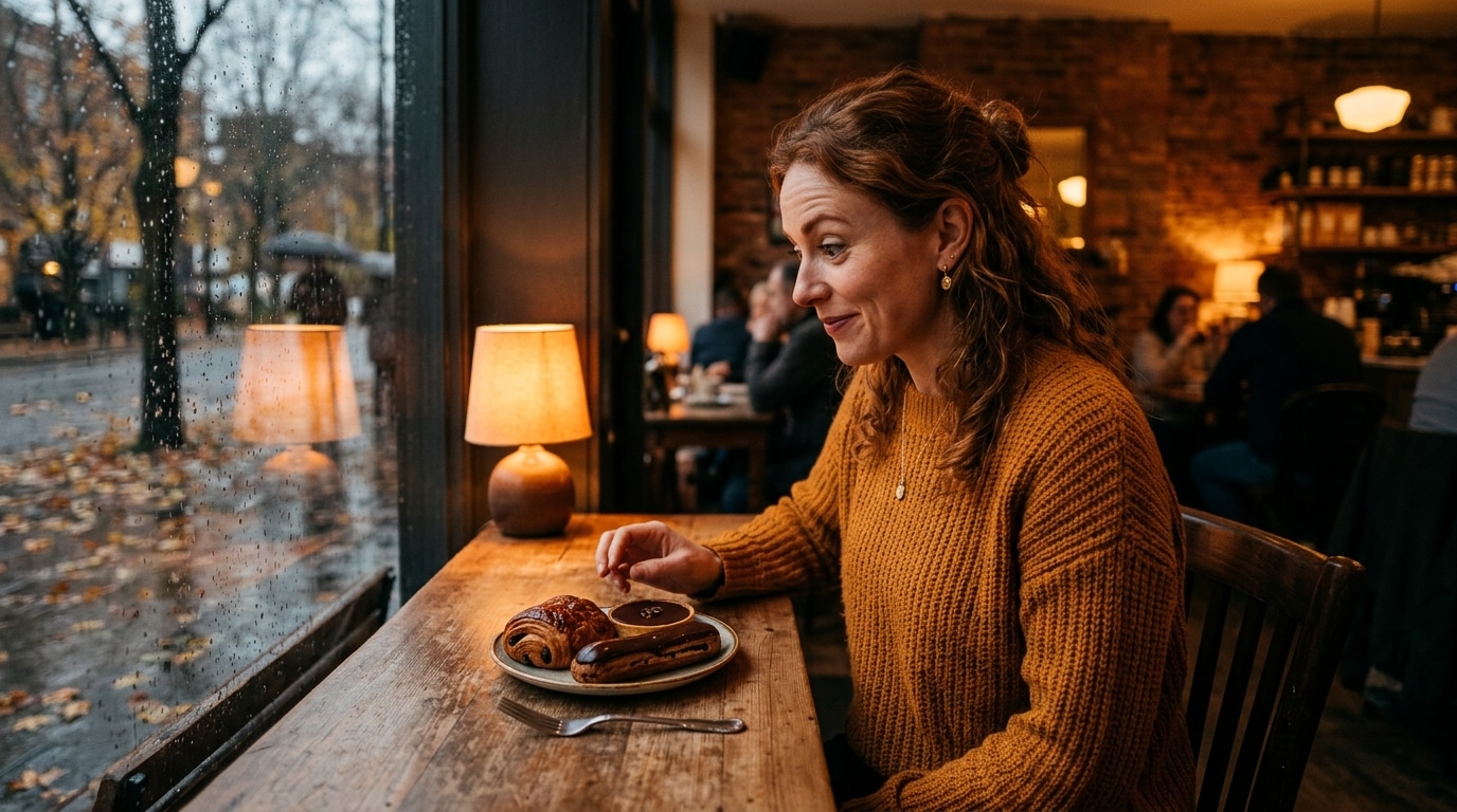 Femme tentée par des pâtisseries au chocolat un après-midi d'automne