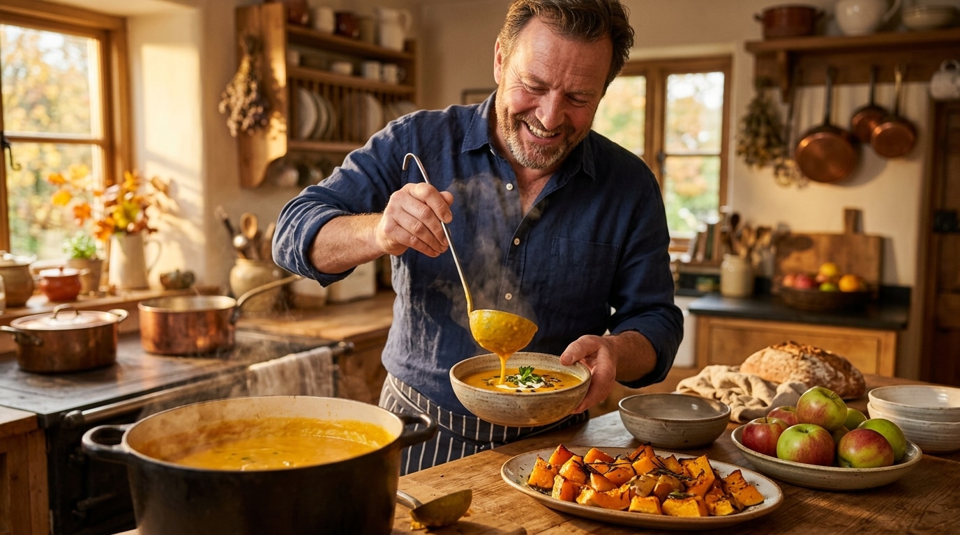 Homme servant une soupe de potiron fumante dans une cuisine chaleureuse