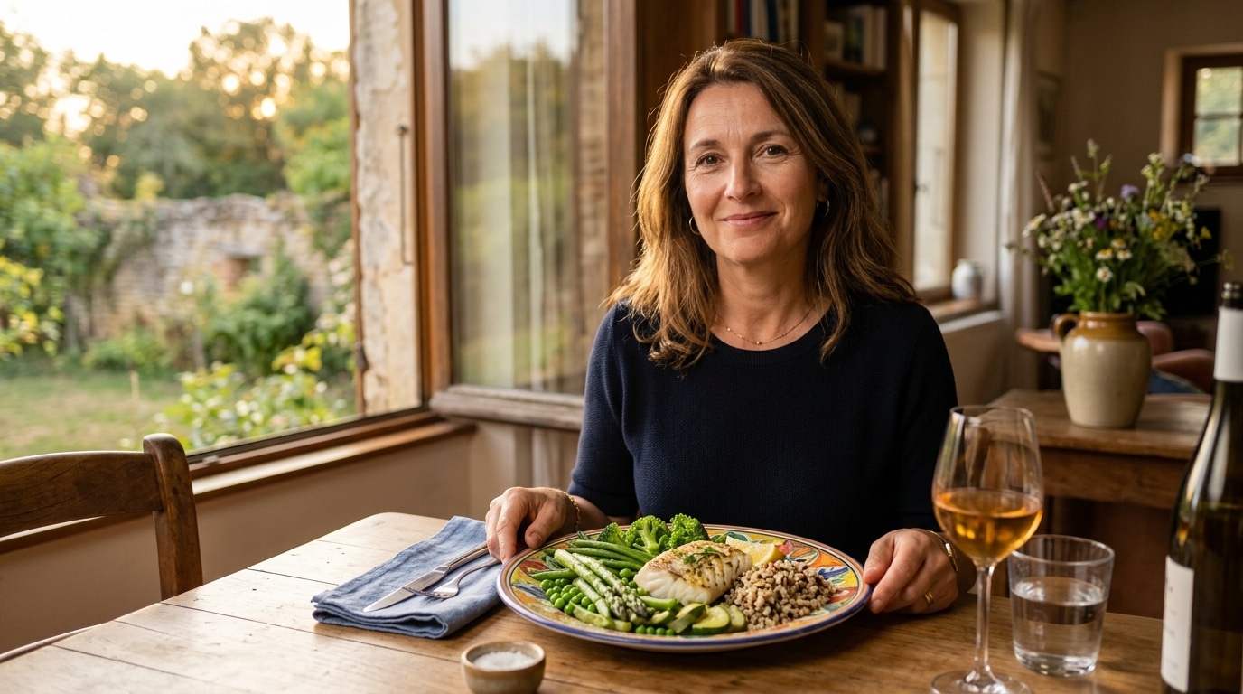 Femme devant une assiette de légumes et poisson au dîner