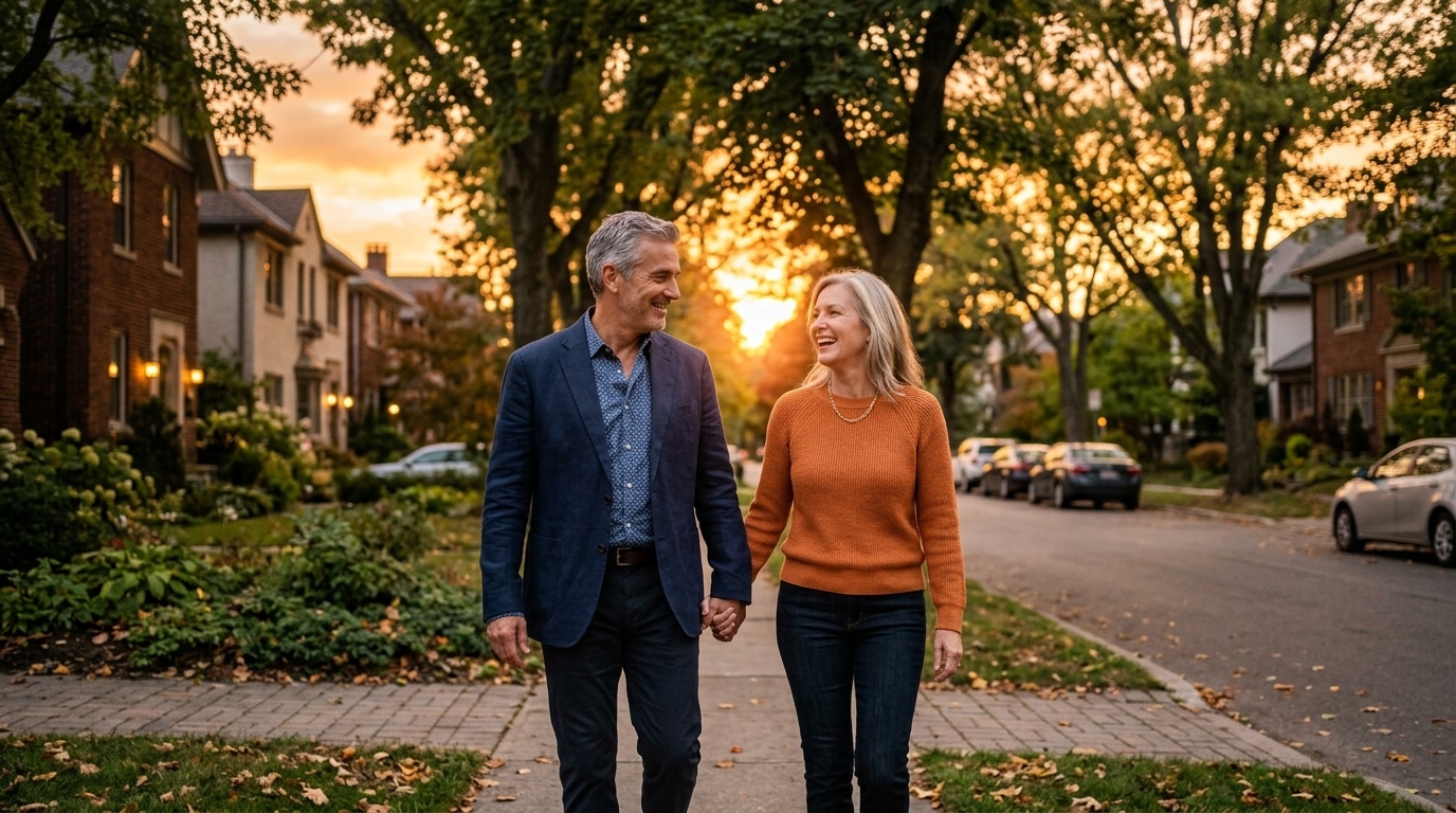 Couple en marche digestive dans la rue au coucher du soleil