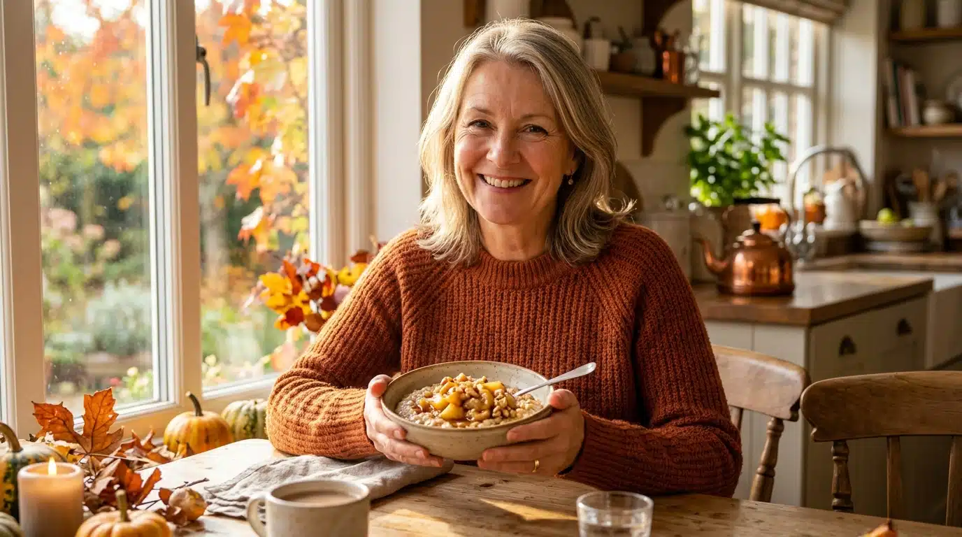 Femme souriante devant un porridge pomme cannelle en automne
