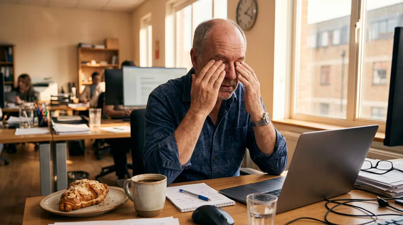 Homme fatigué au bureau avec un croissant et un café