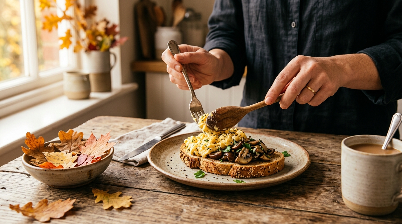 Œufs brouillés et champignons sur pain complet