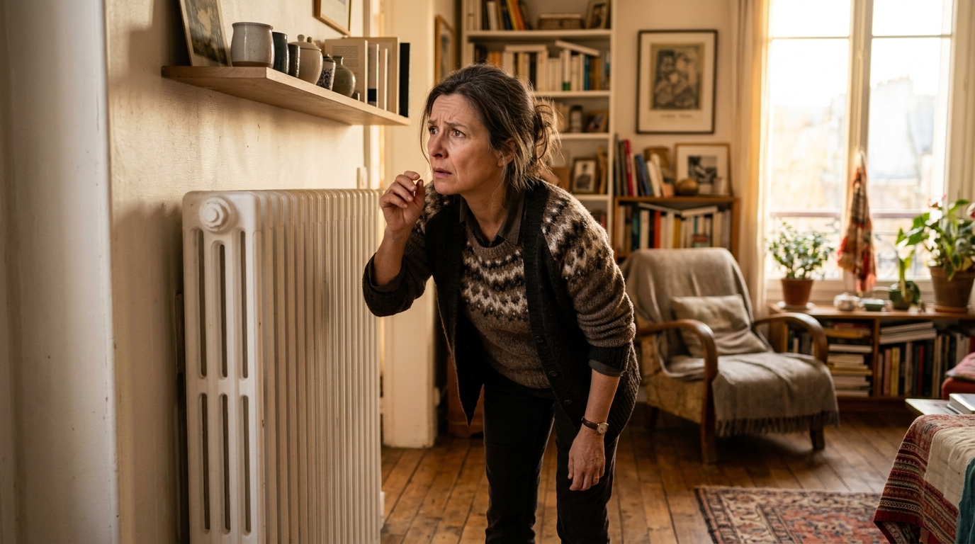 Femme inquiète sentant une odeur près d'un radiateur