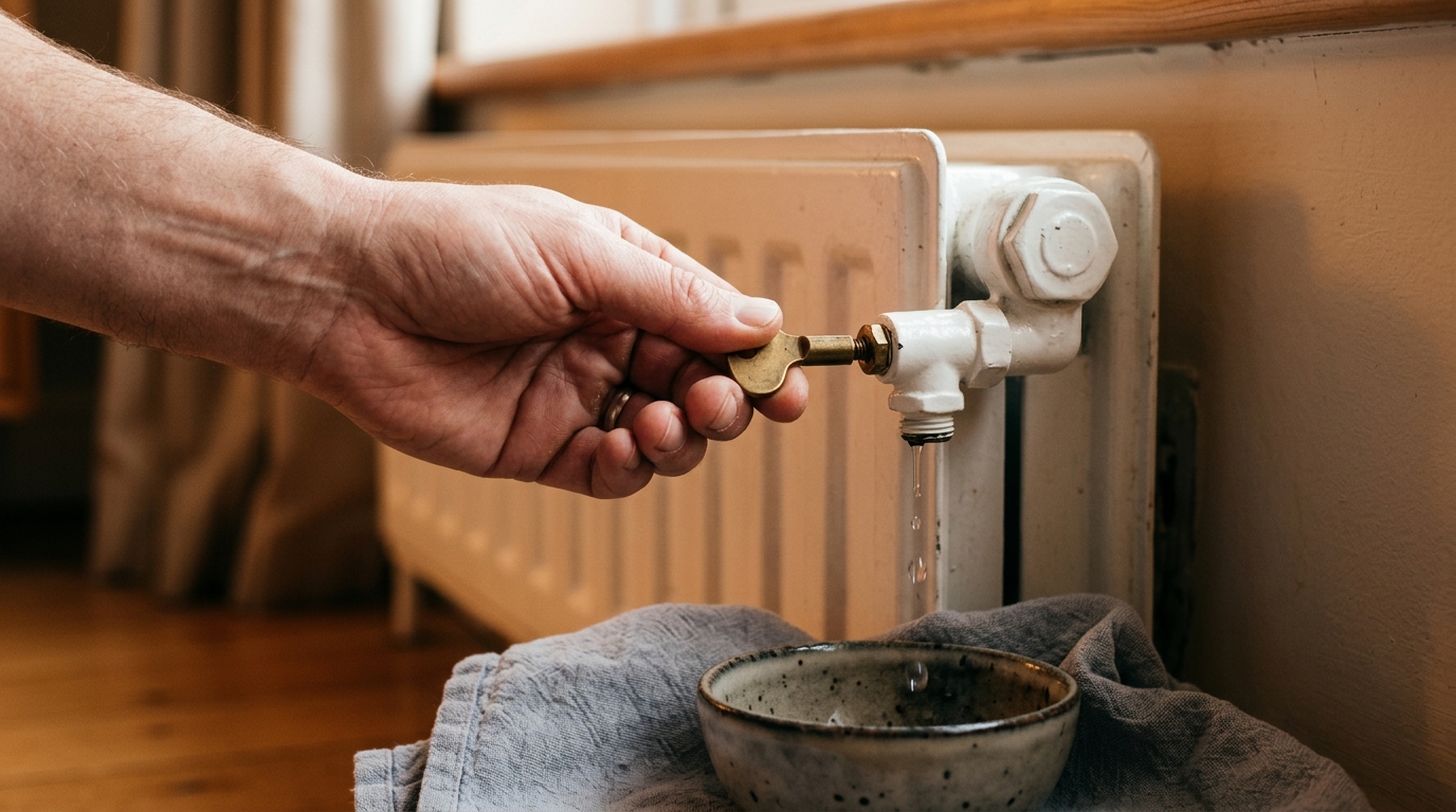 Purge d'un radiateur avec une clé et un chiffon