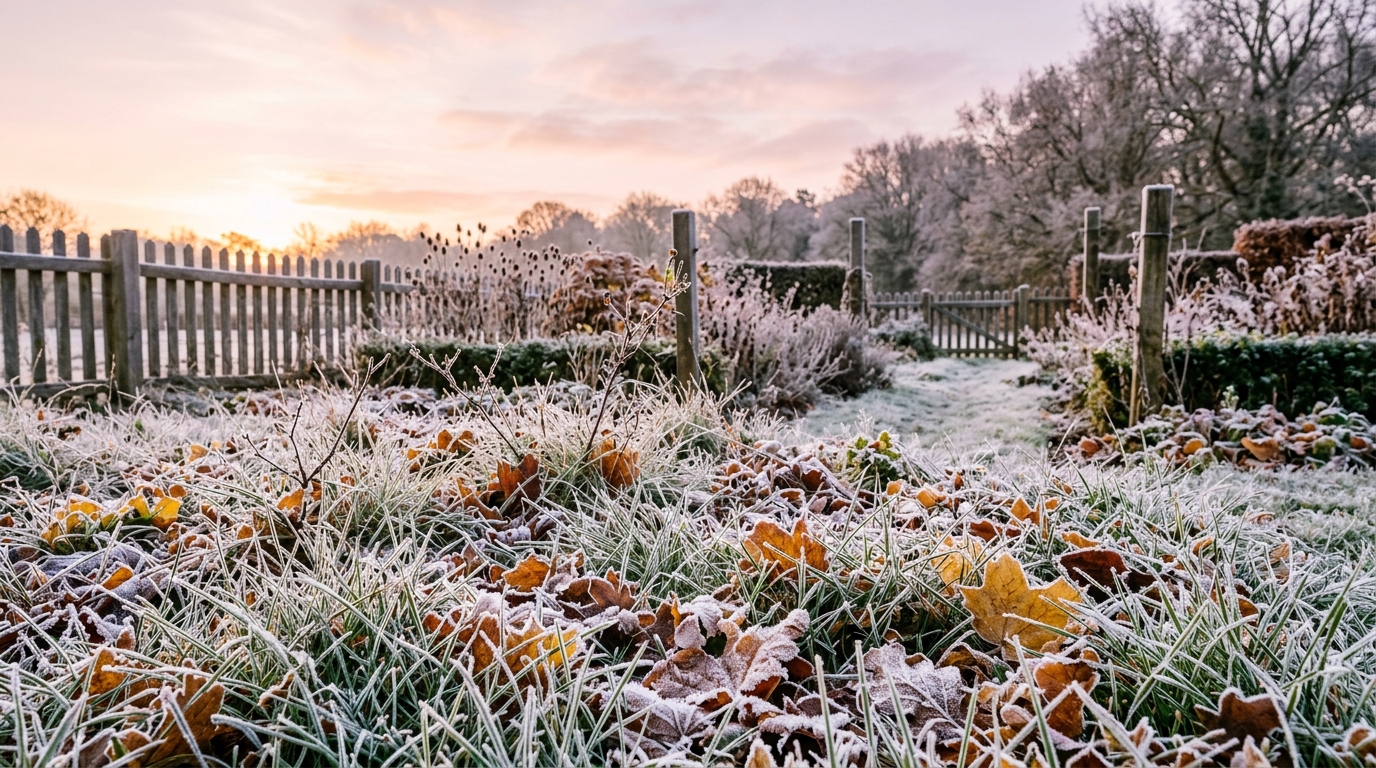 Jardin couvert de givre blanc à l'aube