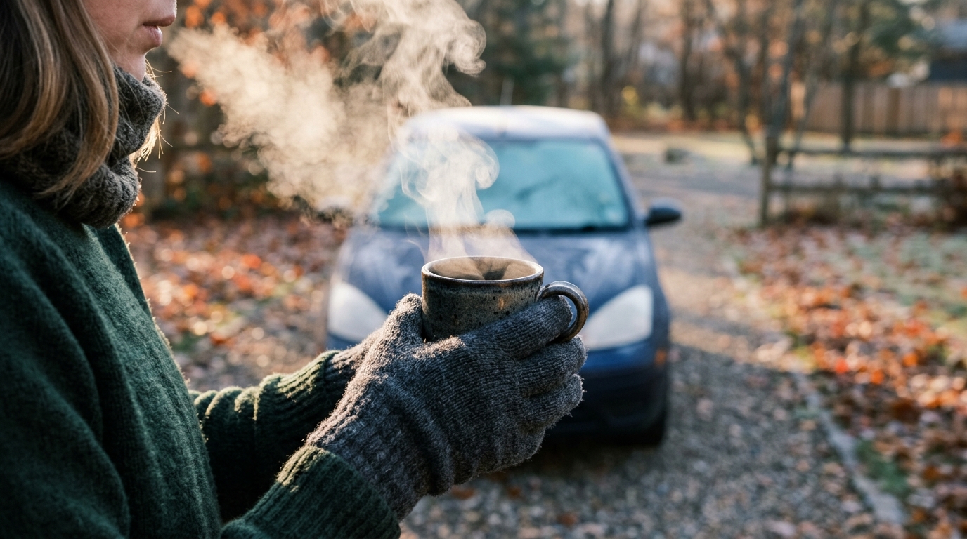 Main gantée tenant une tasse fumante par temps froid