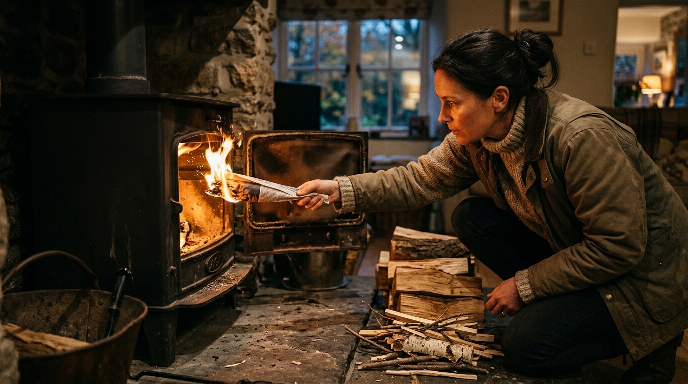 Femme réchauffant le conduit avec une torche de papier journal
