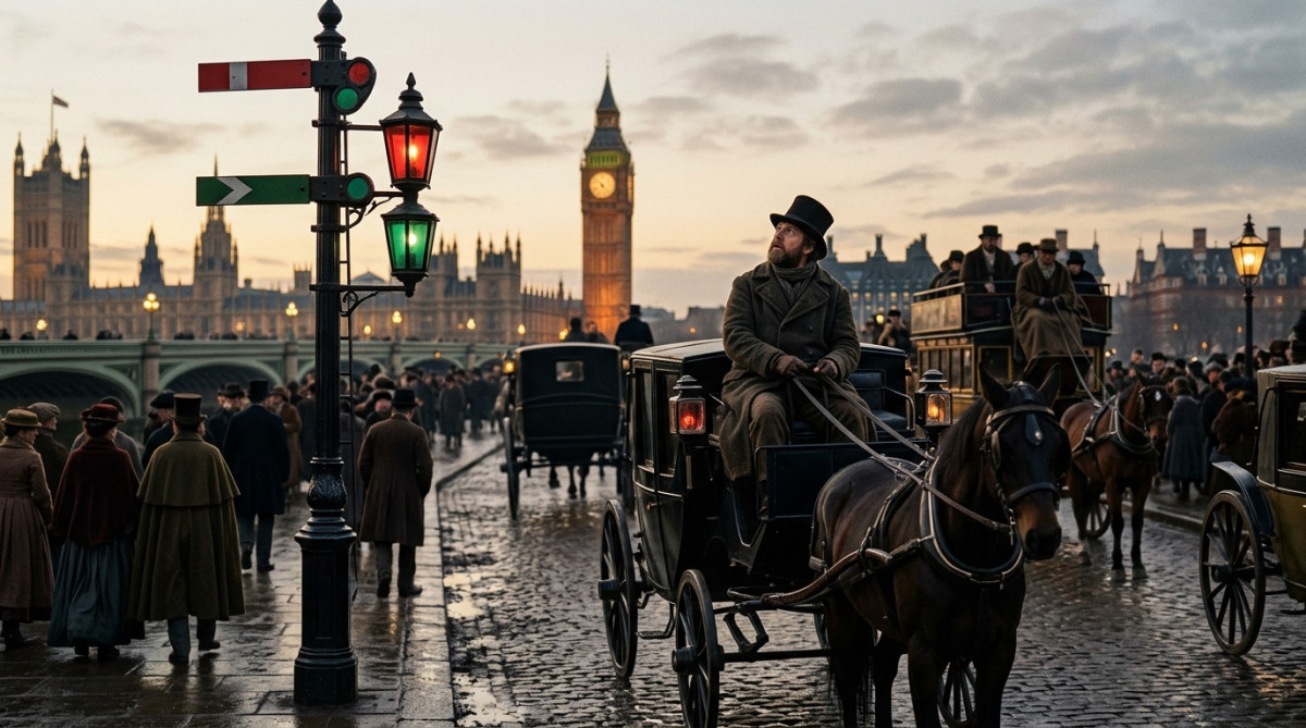 Premier feu de signalisation à bras devant Westminster en 1868