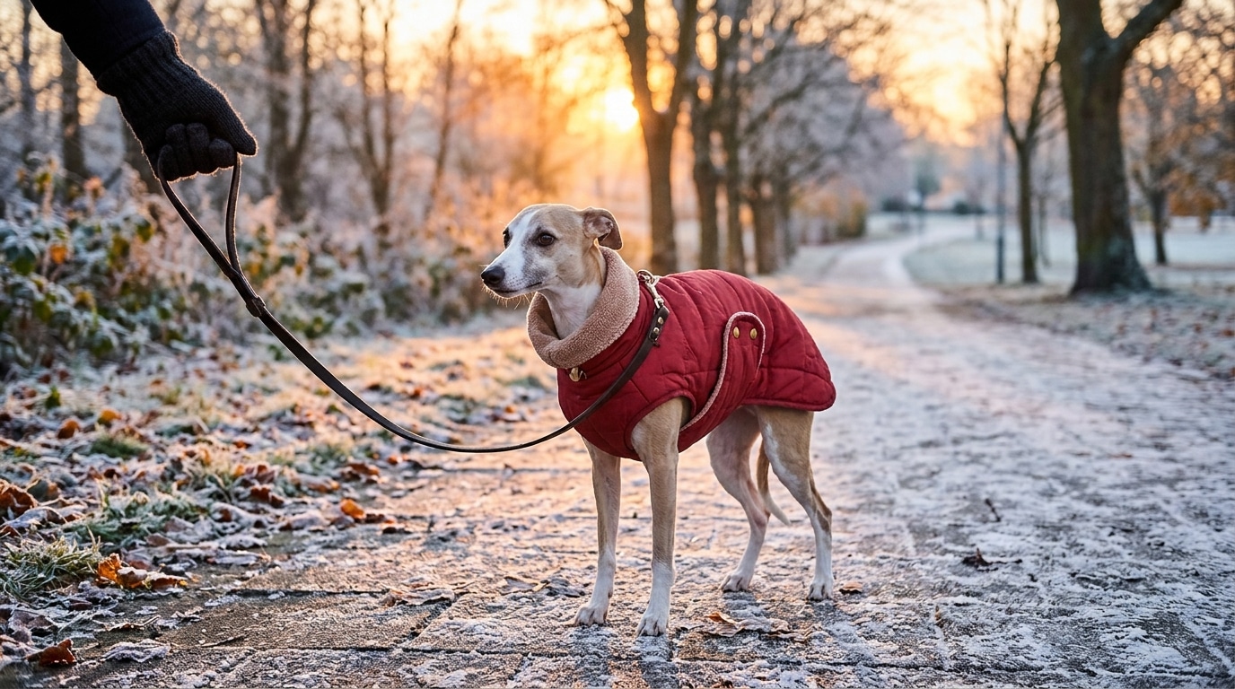 Lévrier whippet avec manteau rouge sur trottoir givré