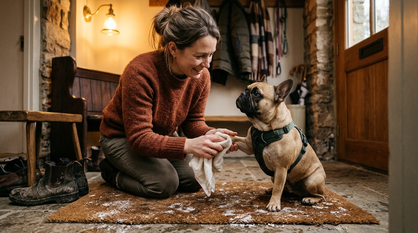 Femme essuyant les pattes d'un bouledogue après la balade